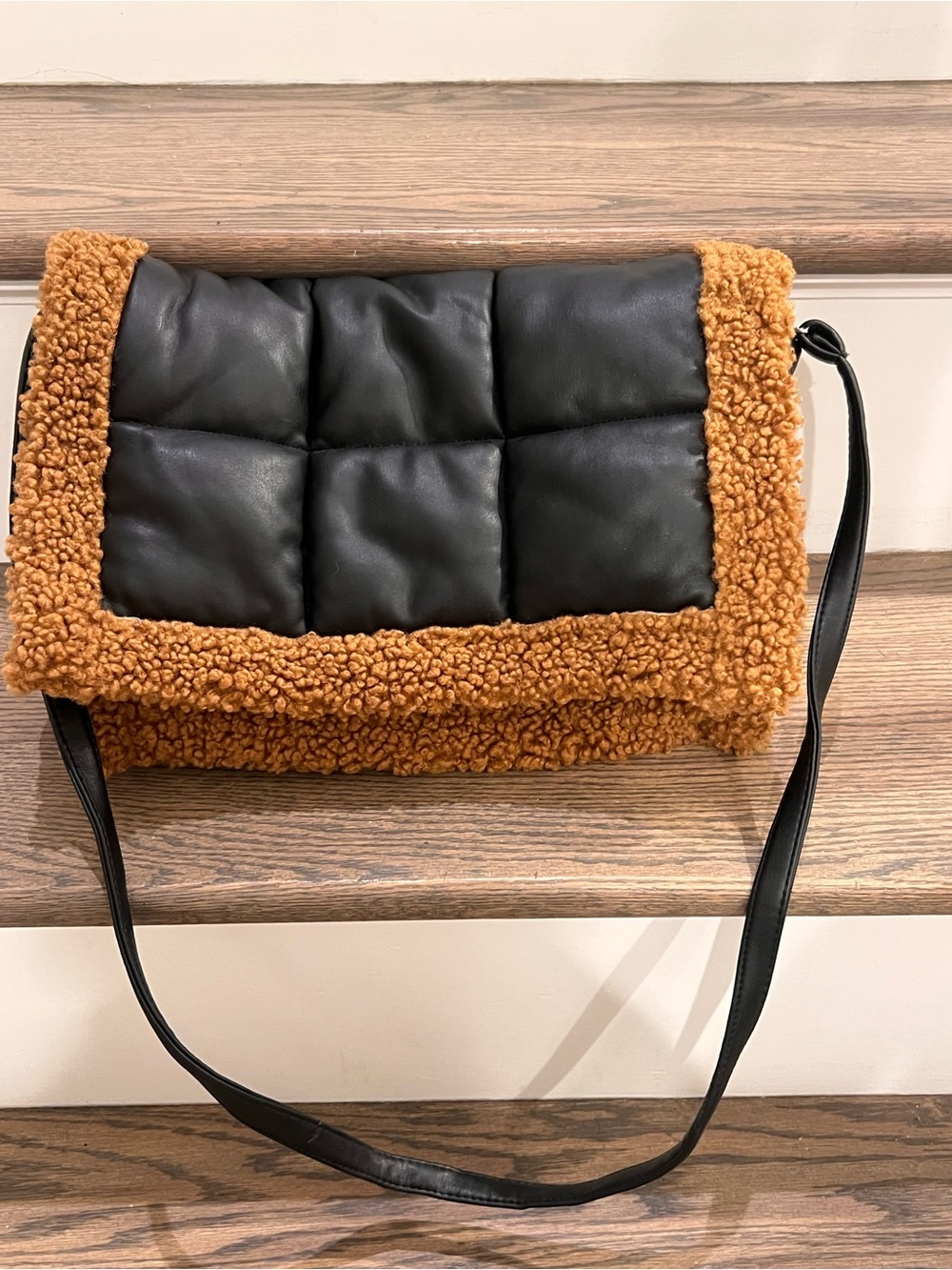 Stand Studio Black and Tan Sherpa-Trim Crossbody Bag